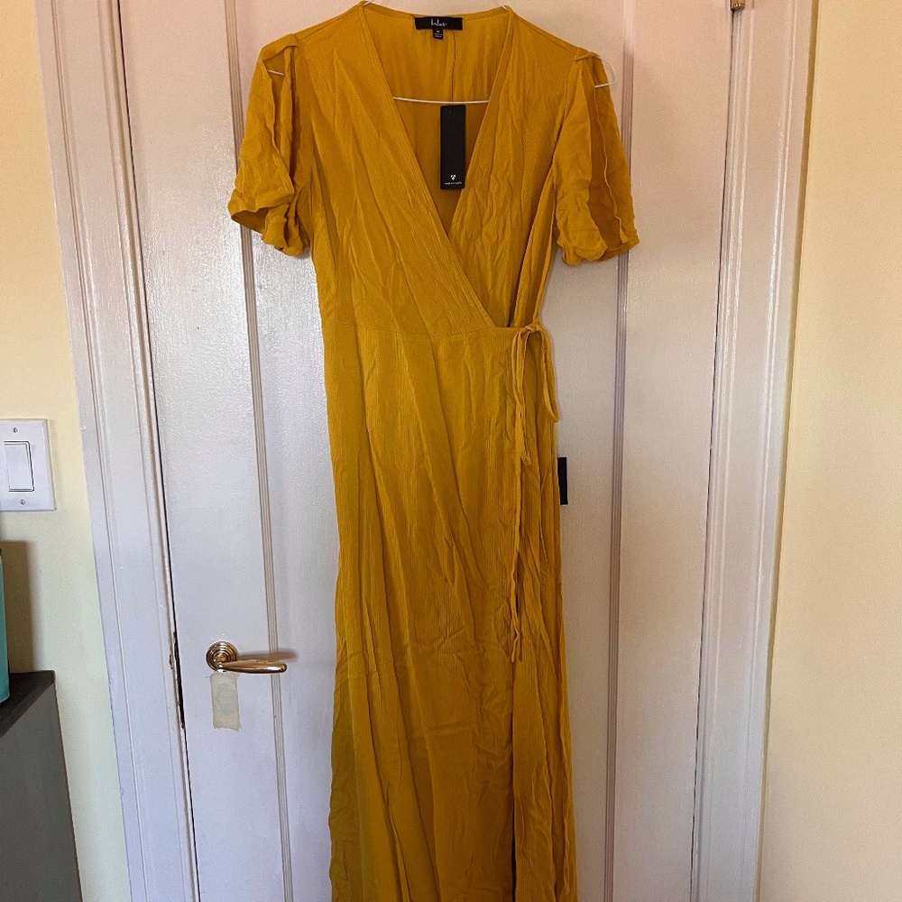 Lulu's Much Obliged Golden Yellow Wrap Maxi Dress - Medium